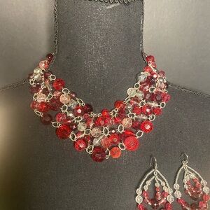 Red Beaded Statement Necklace and Earring Set
